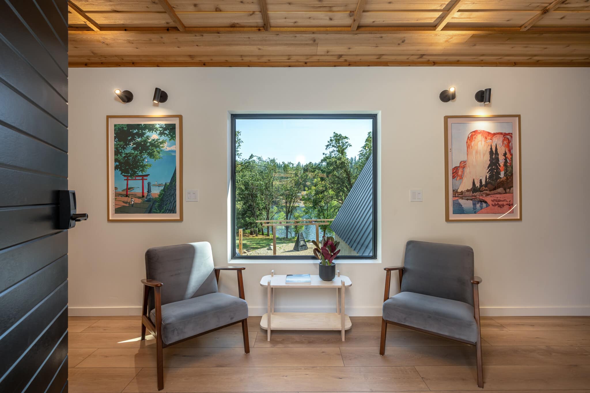 front entryway at The Epic A lakefront vacation rental home in Pine Mountain Lake, Groveland CA, Chiura Obata paintings wabi sabi design